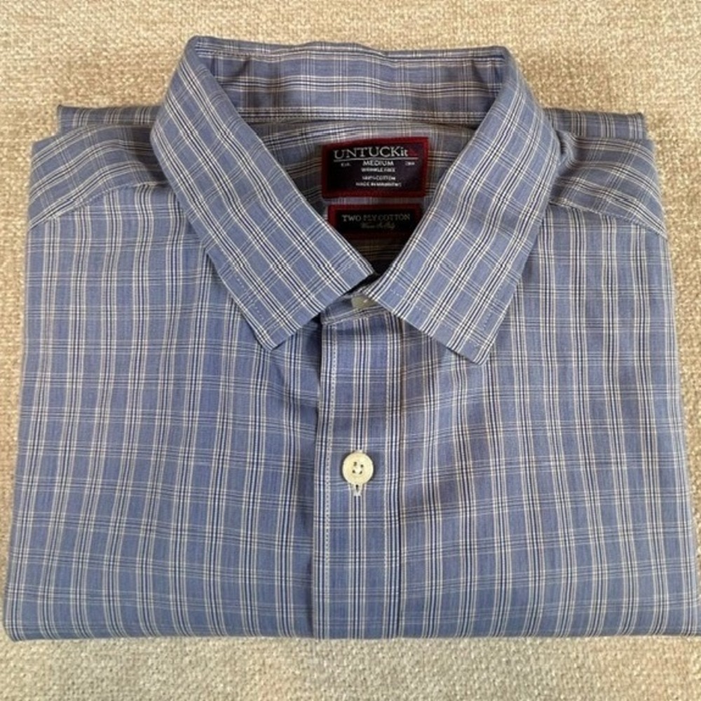 UNTUCKit Men's Blue White Plaid Redstone Reg Fit Long Sleeve Button Up Shirt MD